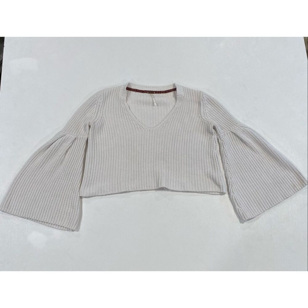 Free People Cream Cropped Bell Sleeve Sweater Women XS Boho Knit V Neck Top